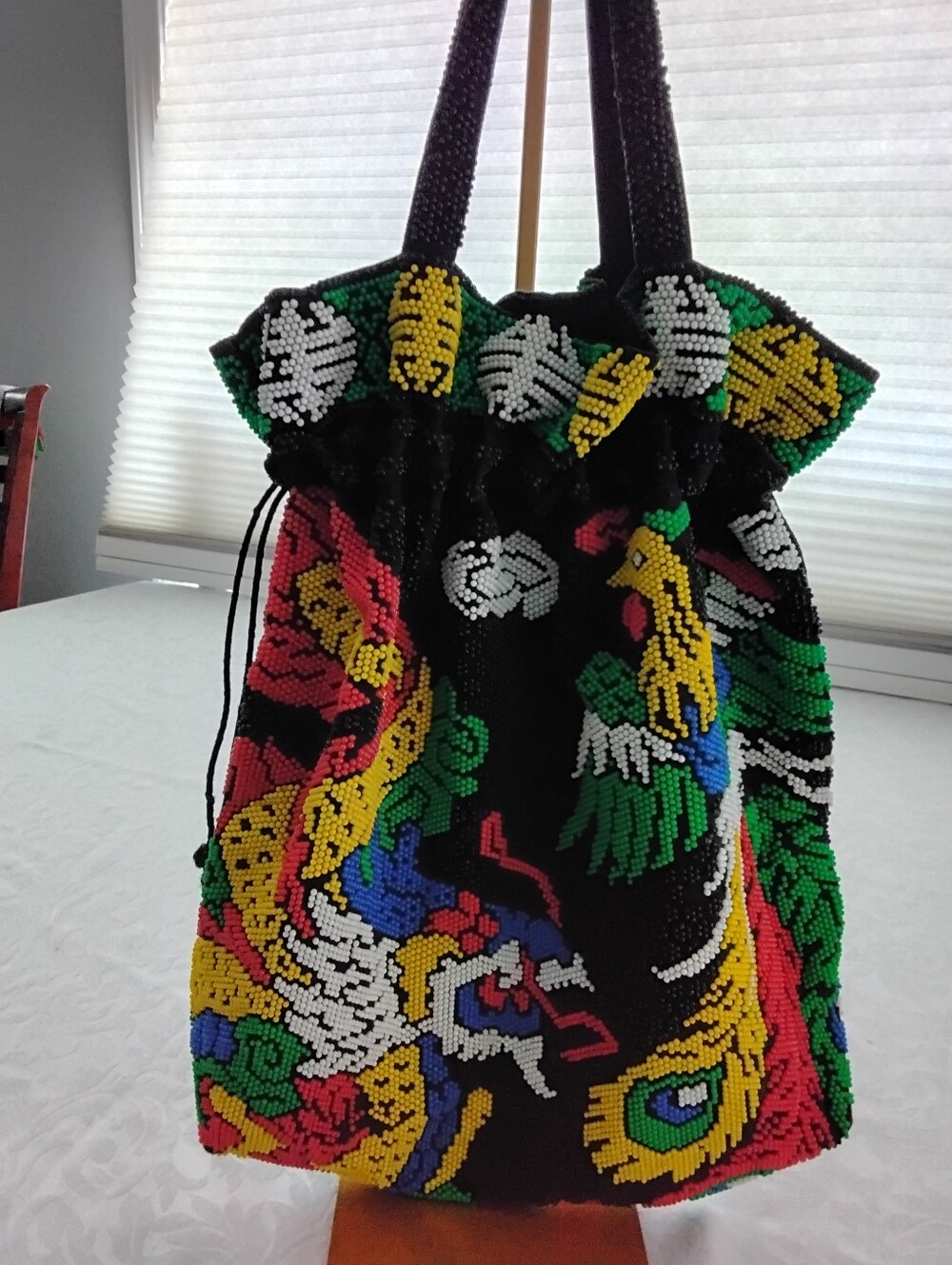 Vendora Hand-Beaded Drawstring Tote with Multicolor Embroidery Dragon & Phoenix - Picture 4 of 6